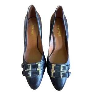 Nine West Black Leather Wedge Pumps Gold Buckle Accents Shoes Heels Size 8.5 M‎